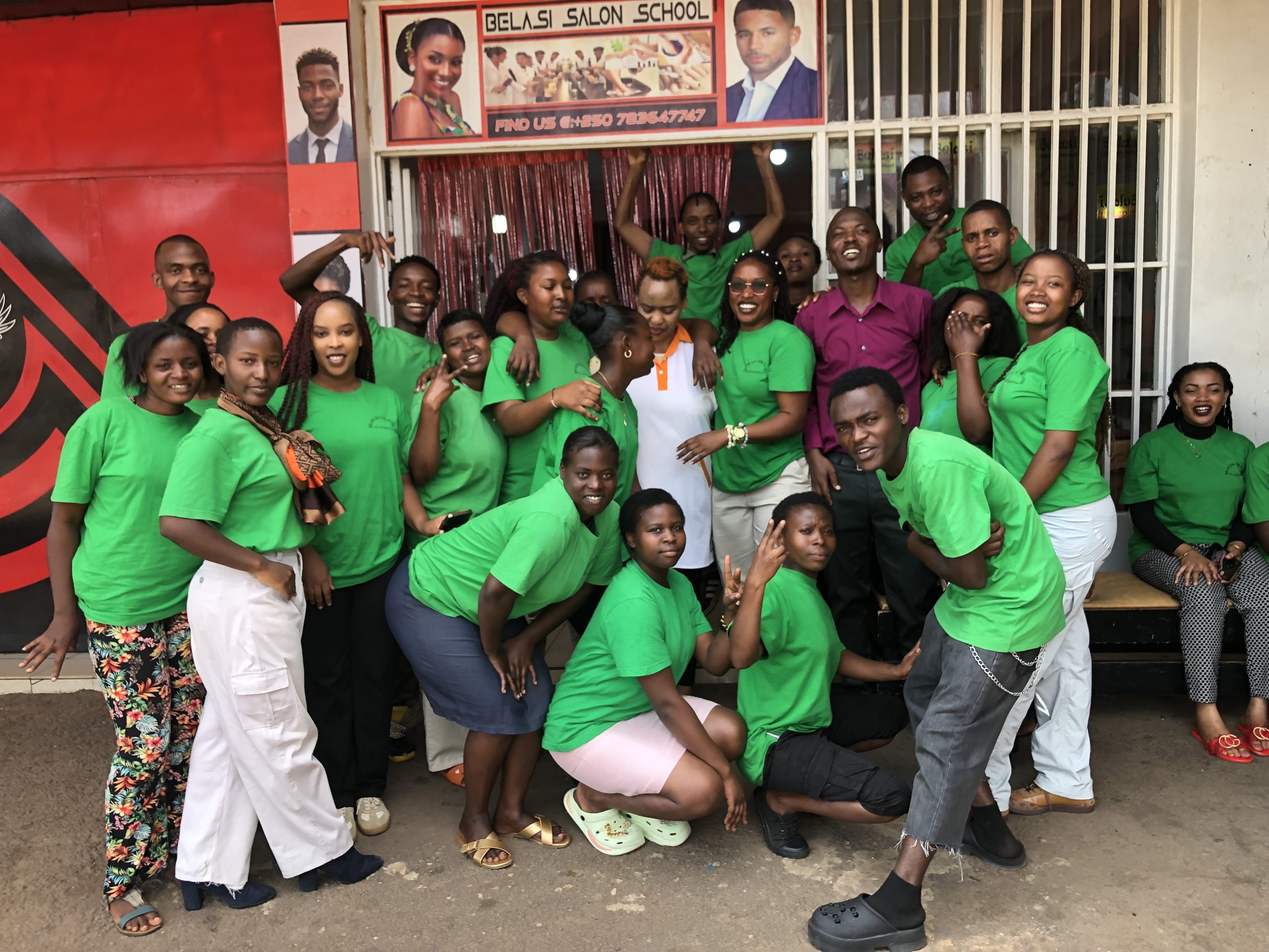 Students and teacher at Belasi Saloon School Rwanda learning and practicing beauty and TVET skills under the guidance of Epiphanie MUKAYIRANGA.
