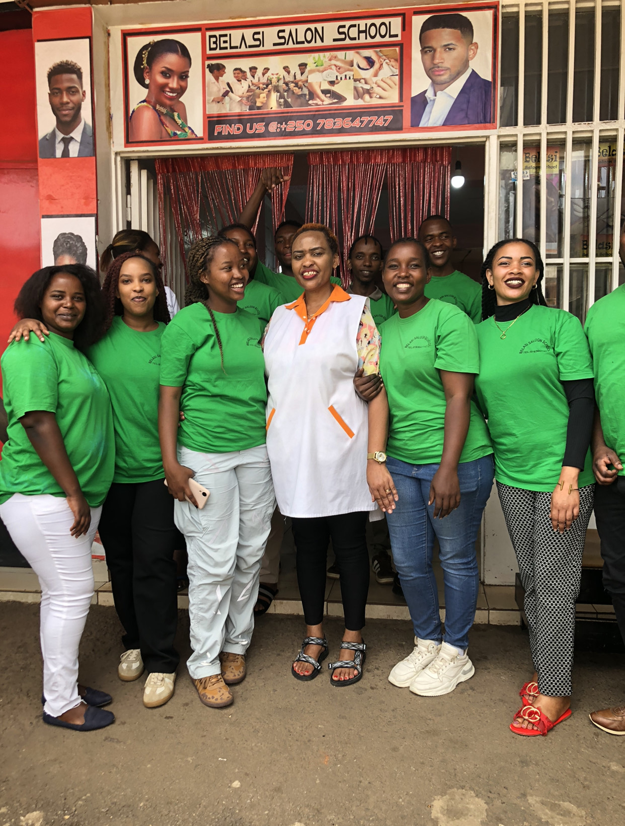 Students and teacher at Belasi Saloon School Rwanda learning and practicing beauty and TVET skills under the guidance of Epiphanie MUKAYIRANGA.